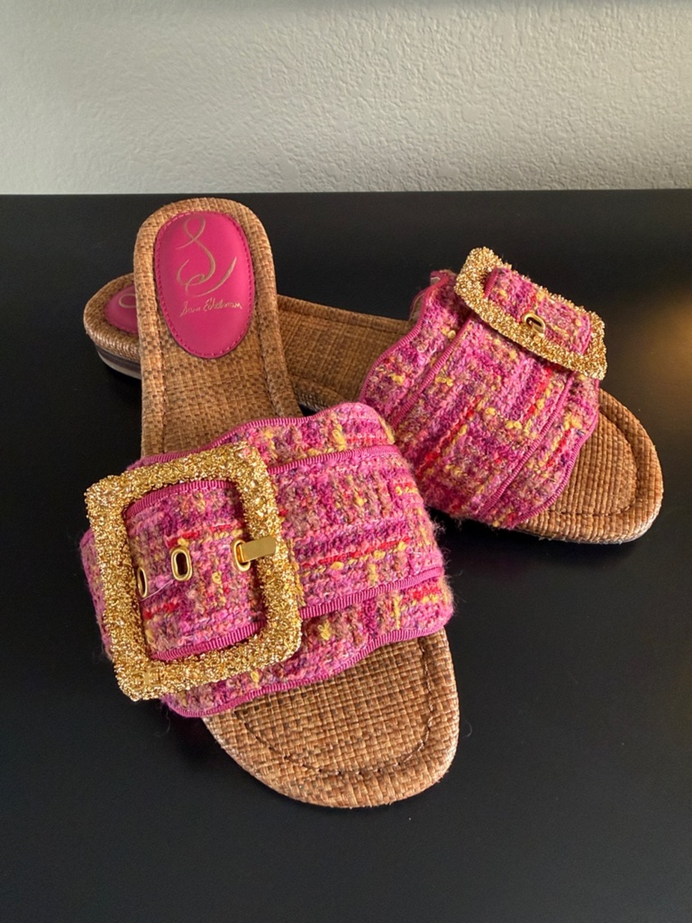 Sam Edelman Pink and Gold Tweed Slide Sandals